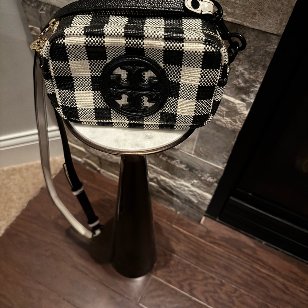 Tory Burch Black and White Gingham Crossbody Camera Bag
